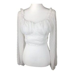 Women's Swiss Dot Square Neck Sexy Puff Long‎ Sleeve Crop Blouse Top S